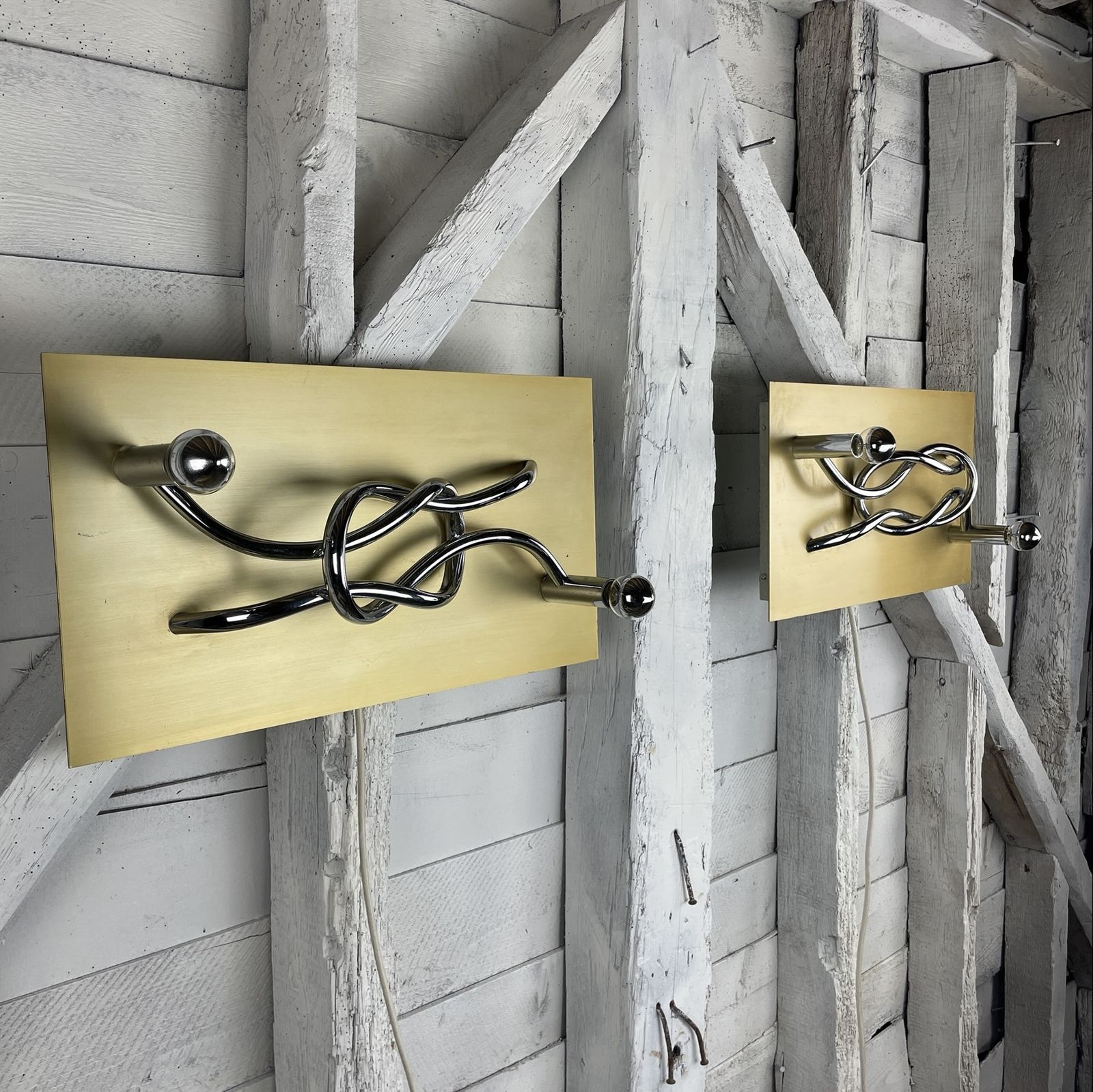 A Pair Of 1970s Italian 'Reef Knot' Wall Light Panels / Sconces Designed By Giacomo Benevelli For Missaglia photo furniture