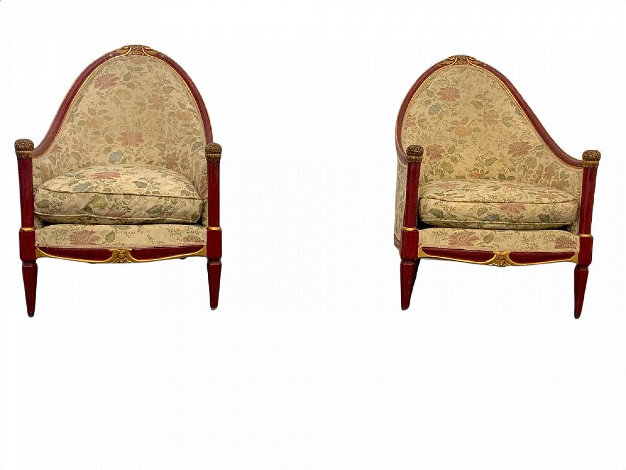 Pair Of Cardinal Red Lacquered Armchairs With Gold Details, 1930s