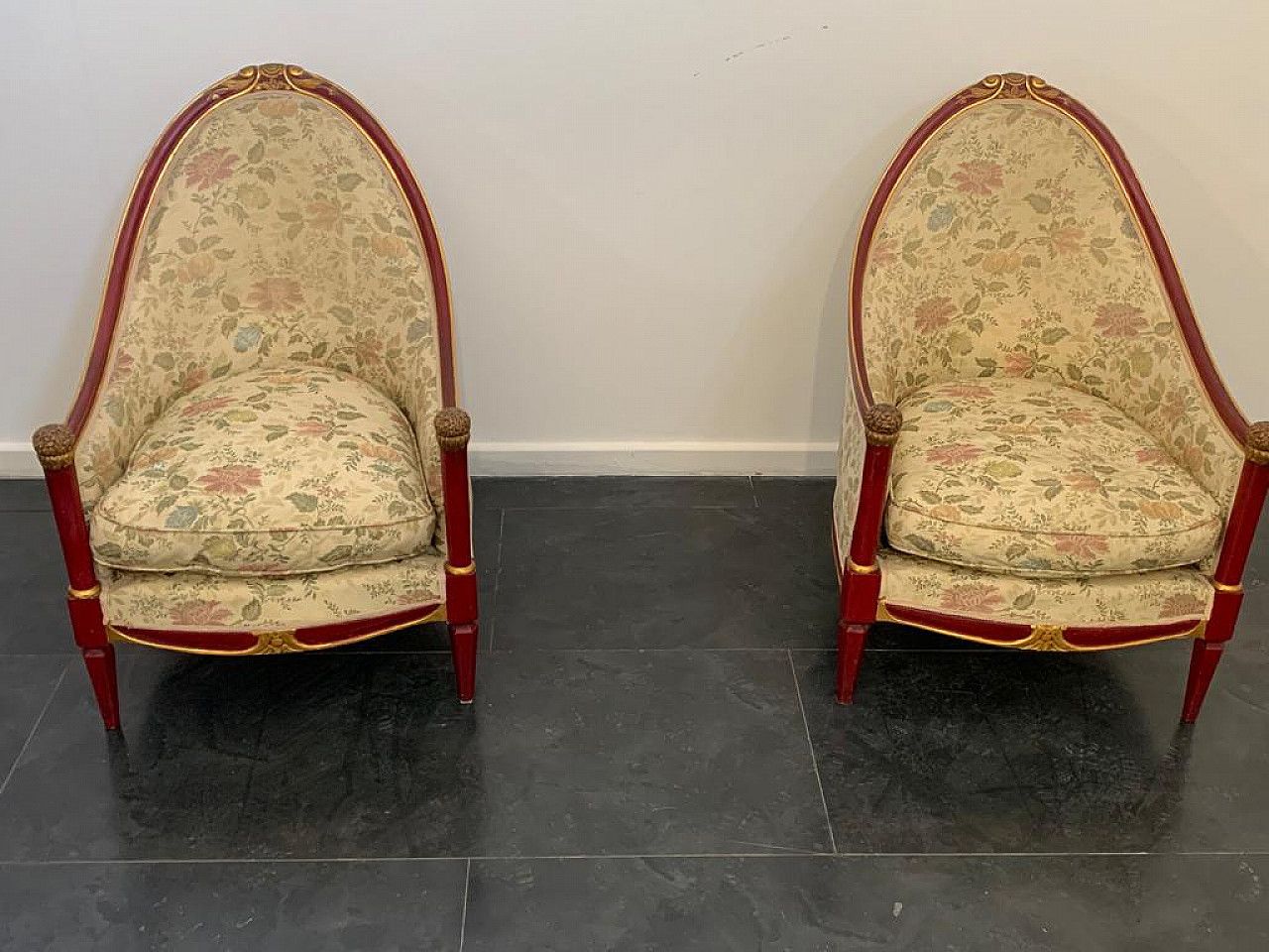 Pair Of Cardinal Red Lacquered Armchairs With Gold Details, 1930s photo Furniture