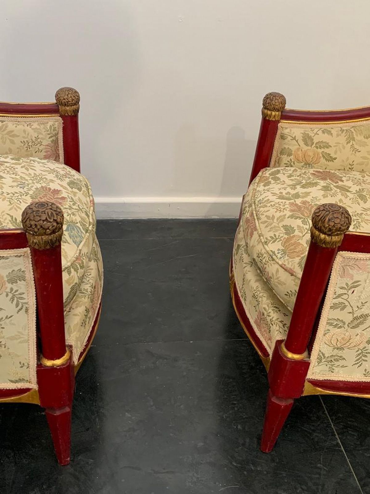 Pair Of Cardinal Red Lacquered Armchairs With Gold Details, 1930s photo vinterior