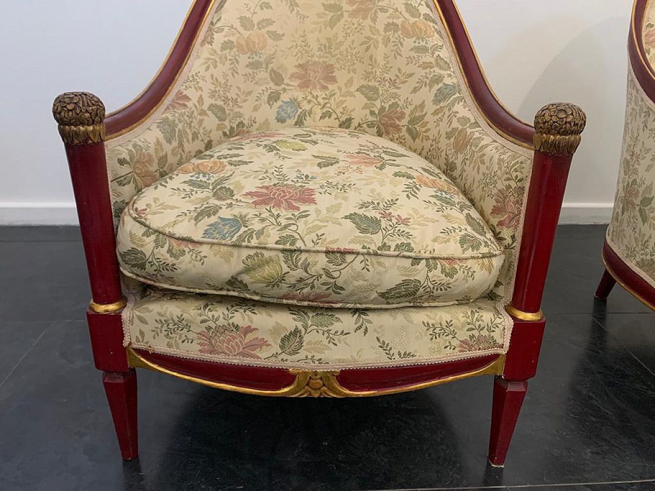 6756.88 Pair Of Cardinal Red Lacquered Armchairs With Gold Details, 1930s photo