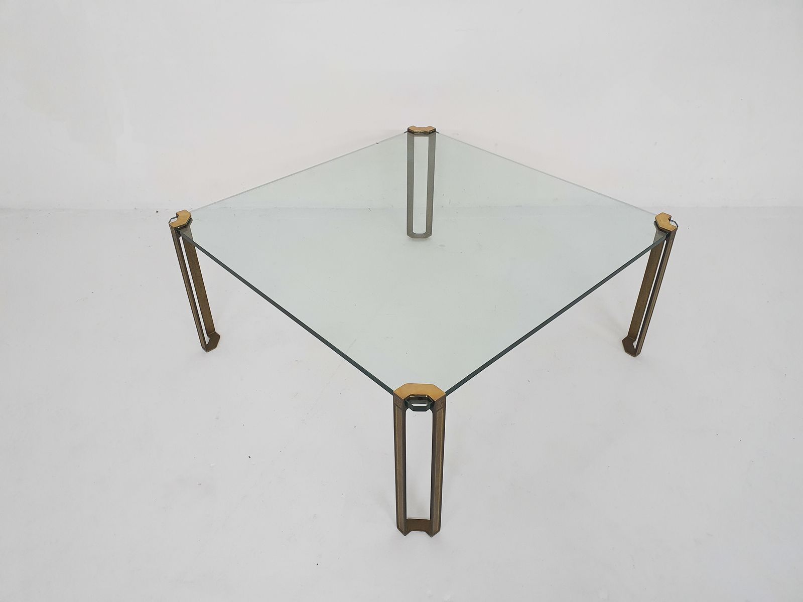 Peter Ghyczy For Ghyczy Brass And Glass Square Coffee Table, 1970's