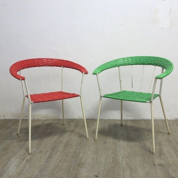 photo for sale German Vintage Garden Chairs In Red & Green 1950 1960