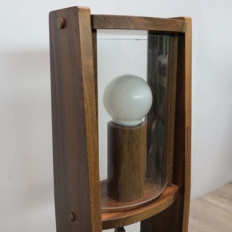 Vintage Wooden Floor Lamp With Vaulted Glass Panes. 1950   1960 photo vinterior