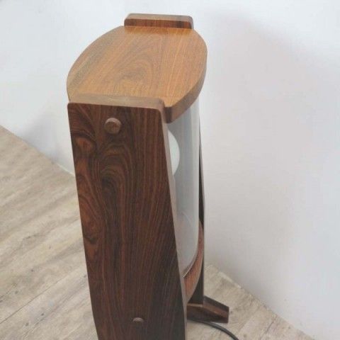 photo vintage Vintage Wooden Floor Lamp With Vaulted Glass Panes. 1950   1960