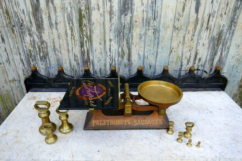 Palethorpes’ Sausage Scales, Victorian Butchers Balance Scales, With Brass Bell Weights photo vinterior