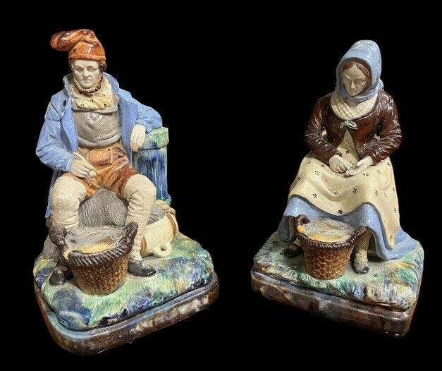Majolica Fisherman And His Wife, Very Good Quality. Large In Size.