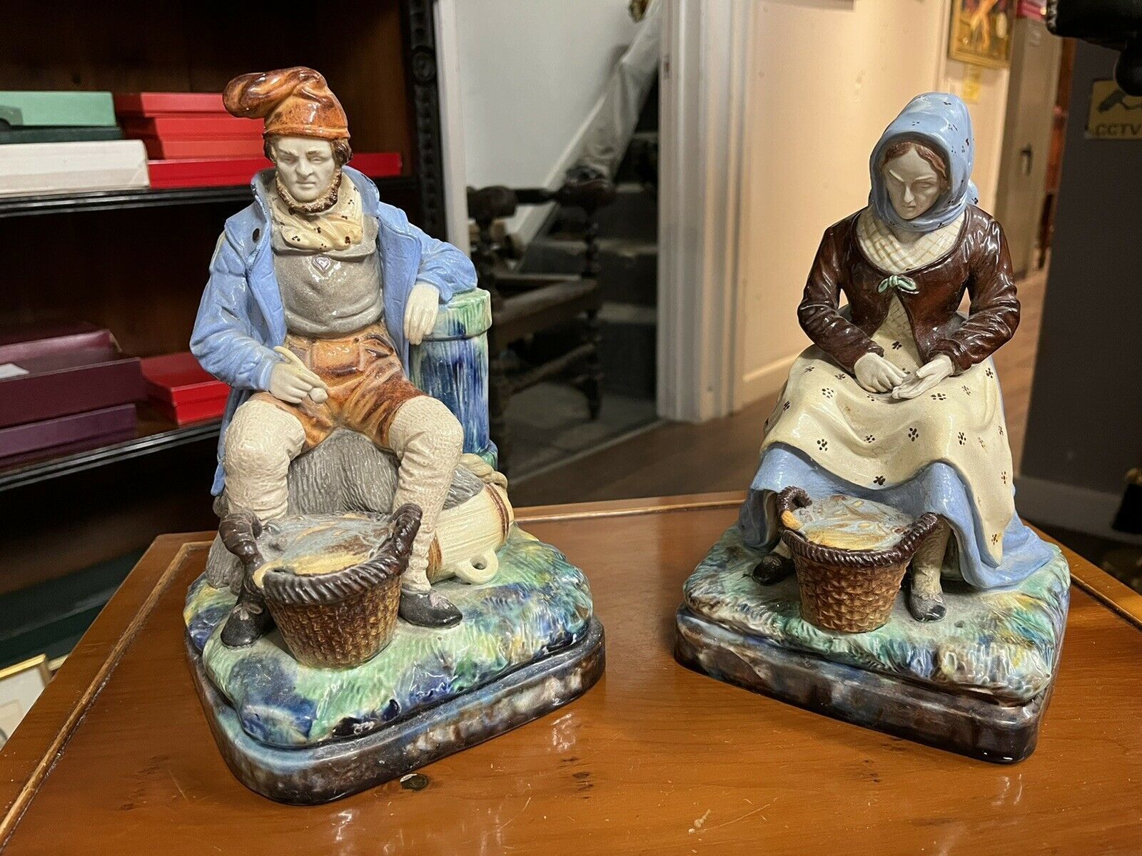 Majolica Fisherman And His Wife, Very Good Quality. Large In Size. photo Art