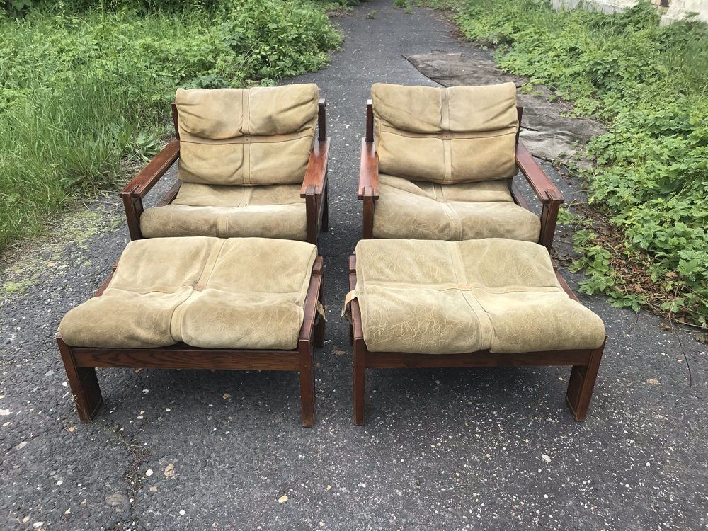 Wood & Leather Armchairs With Pouf, Set Of 4
