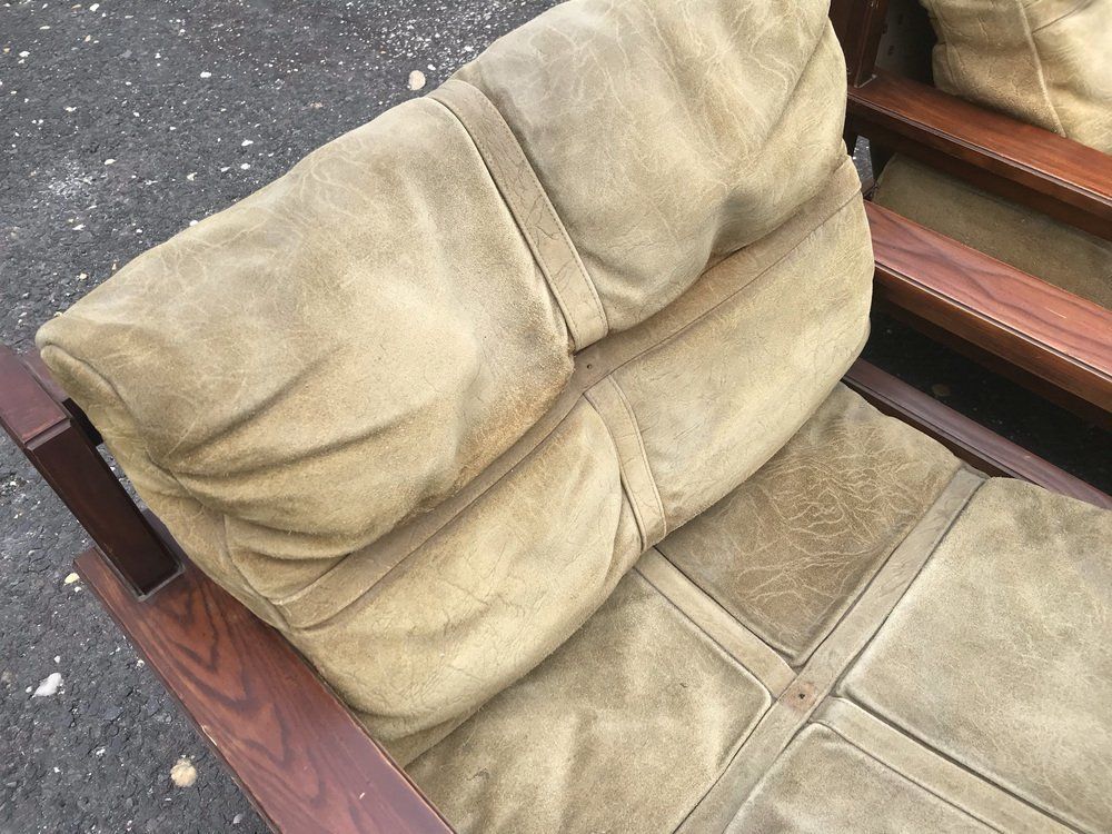 Wood & Leather Armchairs With Pouf, Set Of 4 photo Furniture