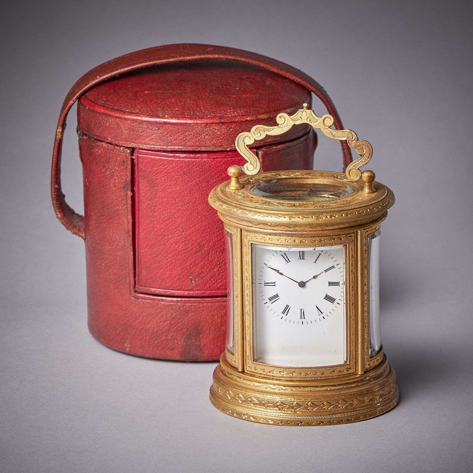 19th Century Eight Day Miniature Gilt Brass Carriage Clock With Original Case