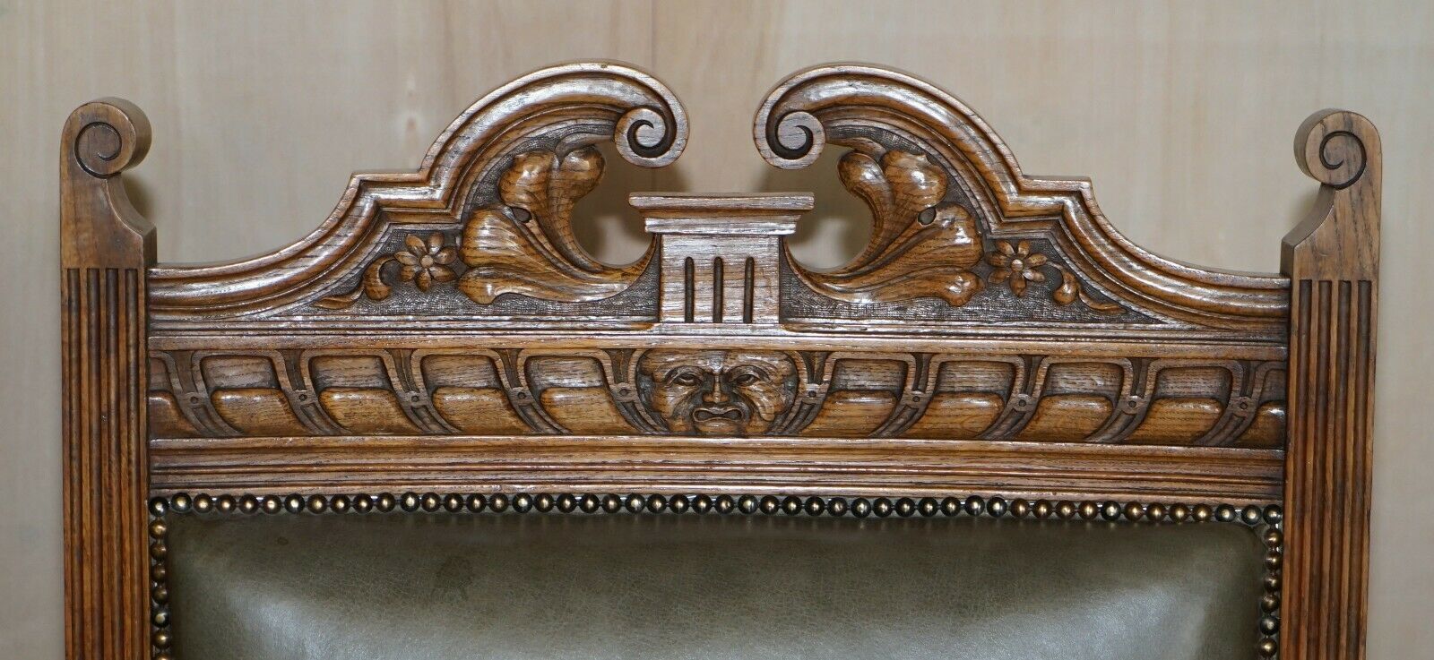 Antique Pair Of Ornately Carved Oak Framed Leather Victorian Throne Armchairs photo Furniture