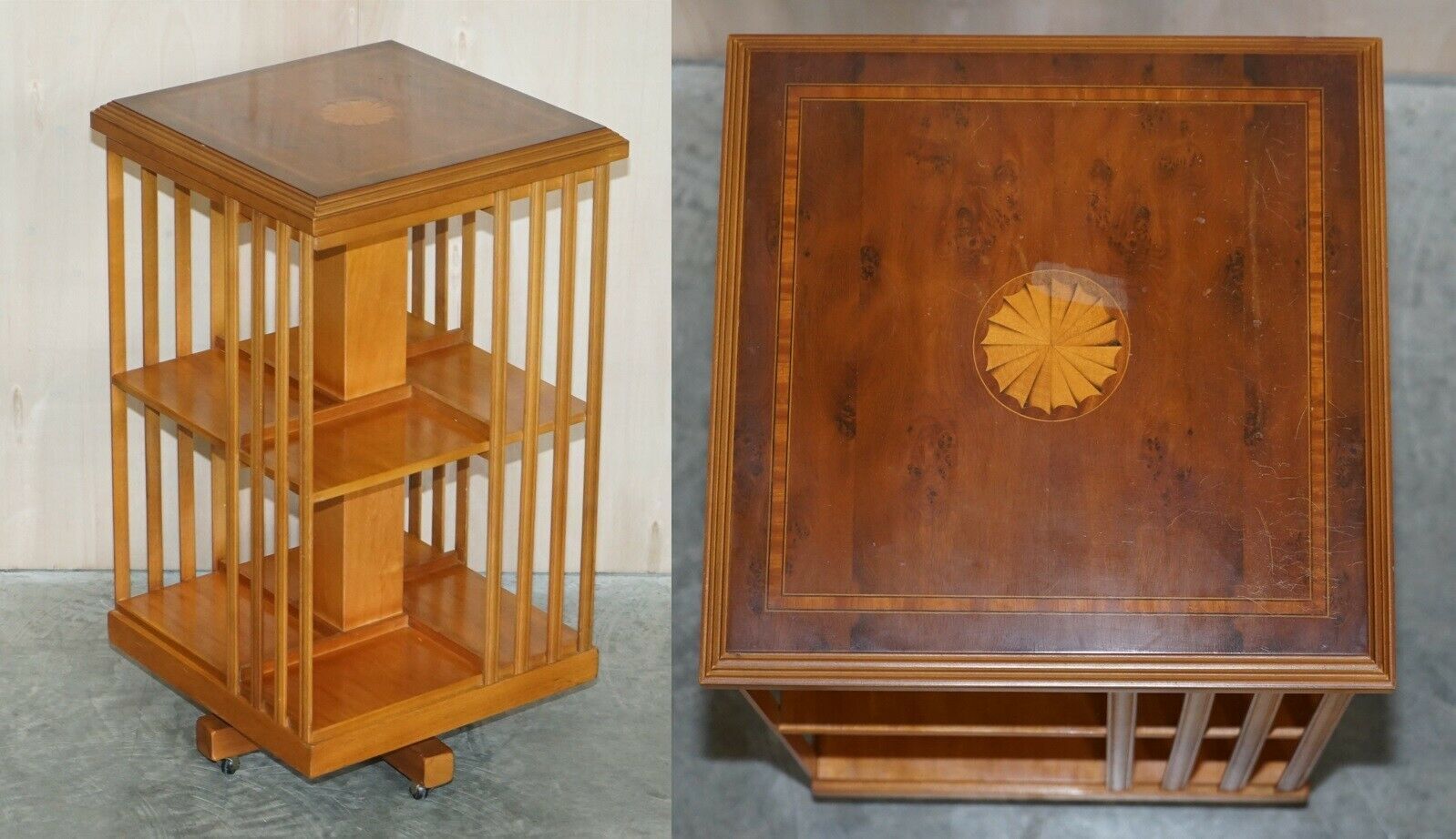Lovely Sheraton Revival Burr Yew & Satinwood Revolving Bookcase Side End Table