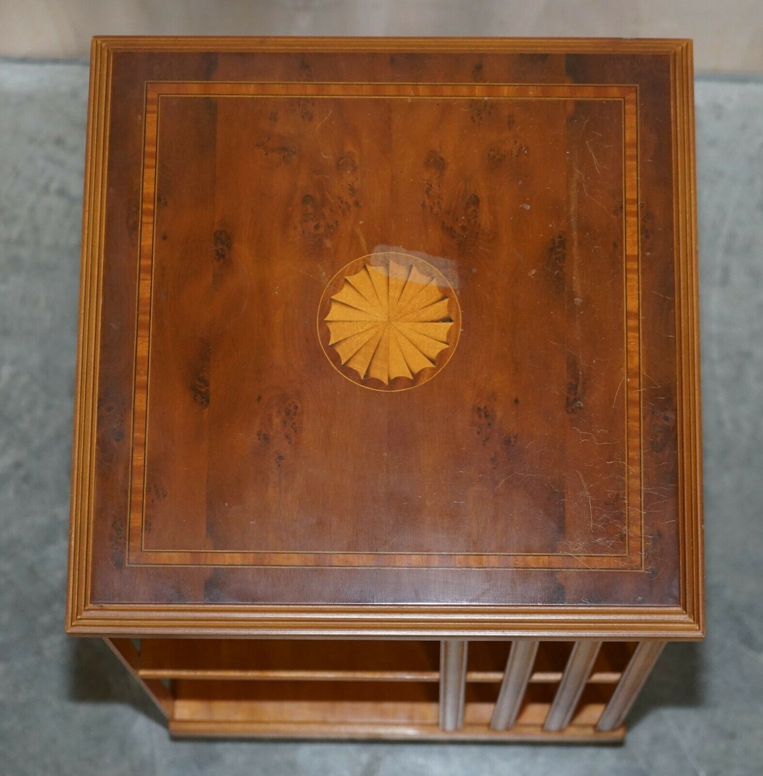 Lovely Sheraton Revival Burr Yew & Satinwood Revolving Bookcase Side End Table photo vinterior