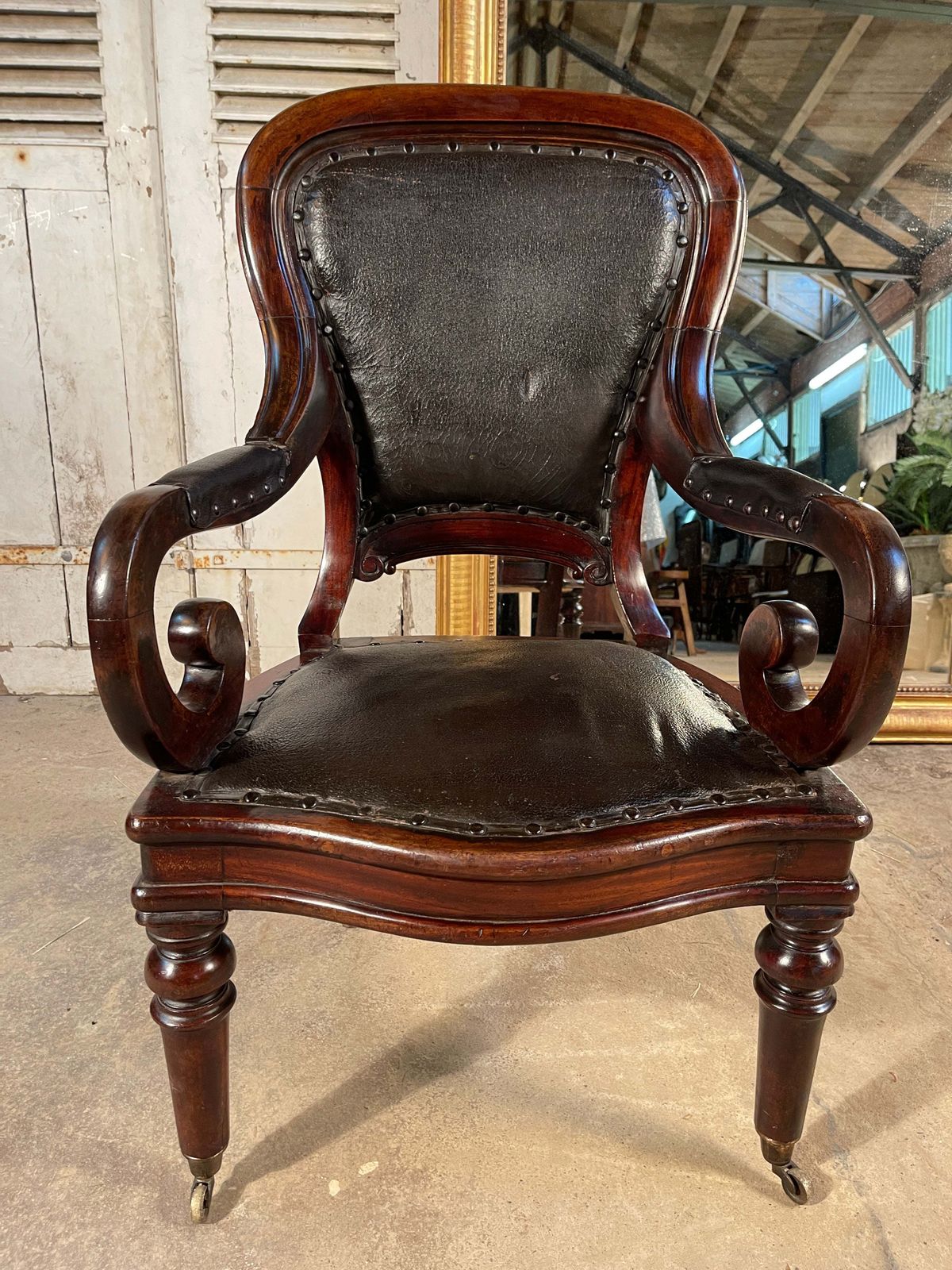 Antique English Leather & Mahogany Clerks Desk Chair Circa 1830 photo buy