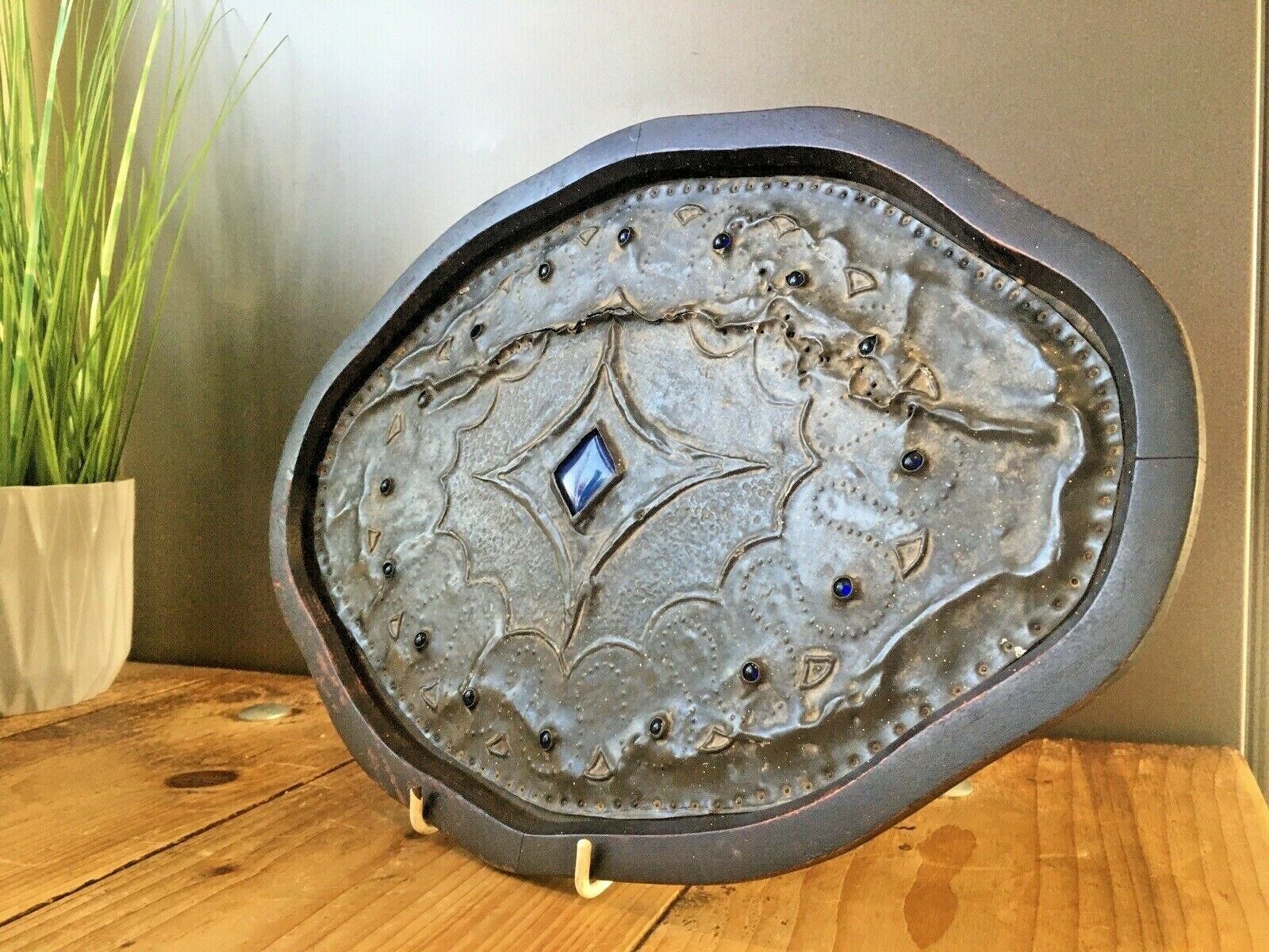 Arts & Crafts Hammered Pewter Cabochon Jewelled Wooden Tray Liberty Ruskin Style photo for sale