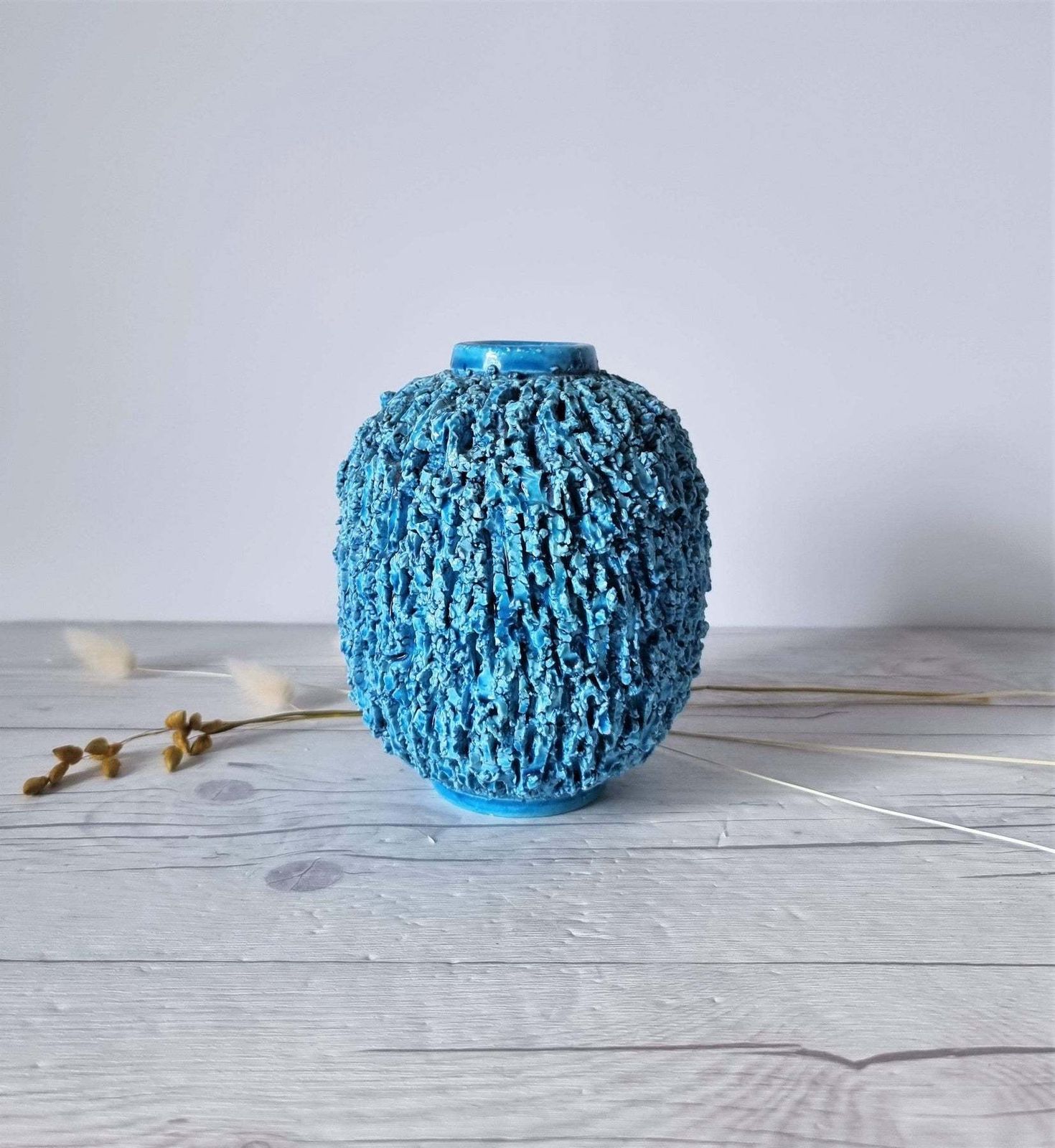 Gunnar Nylund For Rorstrand Chamotte Hedgehog Series Sculpted Turquoise Vase 1940s 50s Swedish