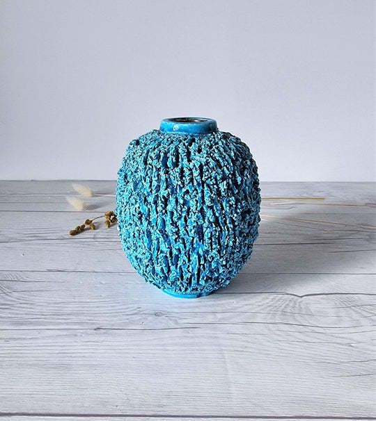 Gunnar Nylund For Rorstrand Chamotte Hedgehog Series Sculpted Turquoise Vase 1940s 50s Swedish photo vintage