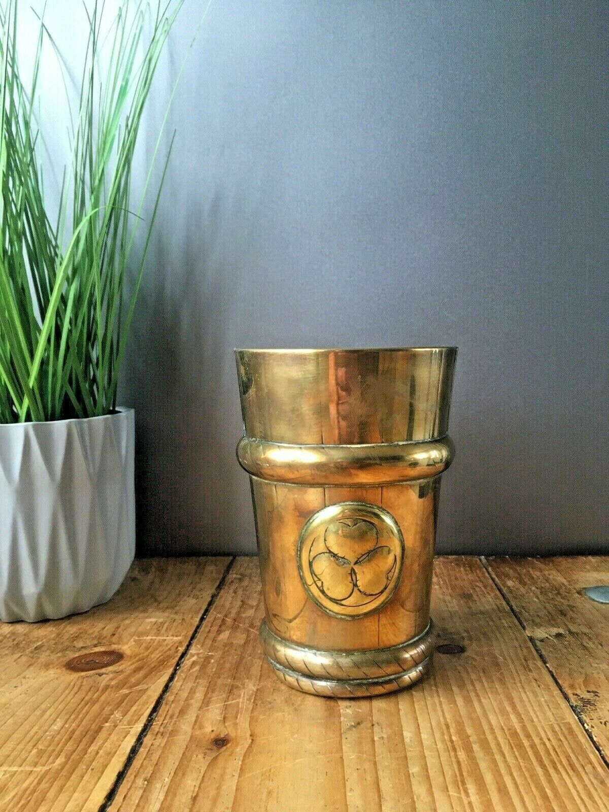 Antique Vintage Brass Beaker Clover Flower Plant Pot Cachepot Barrel Rope Twist photo furniture