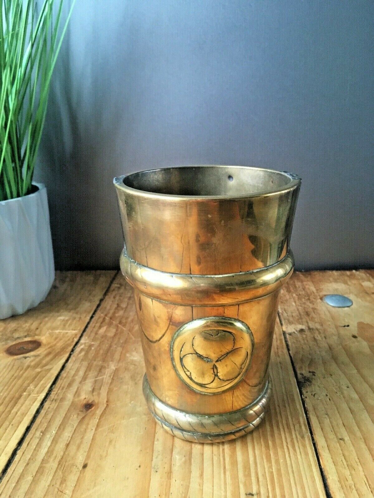 Antique Vintage Brass Beaker Clover Flower Plant Pot Cachepot Barrel Rope Twist photo for sale