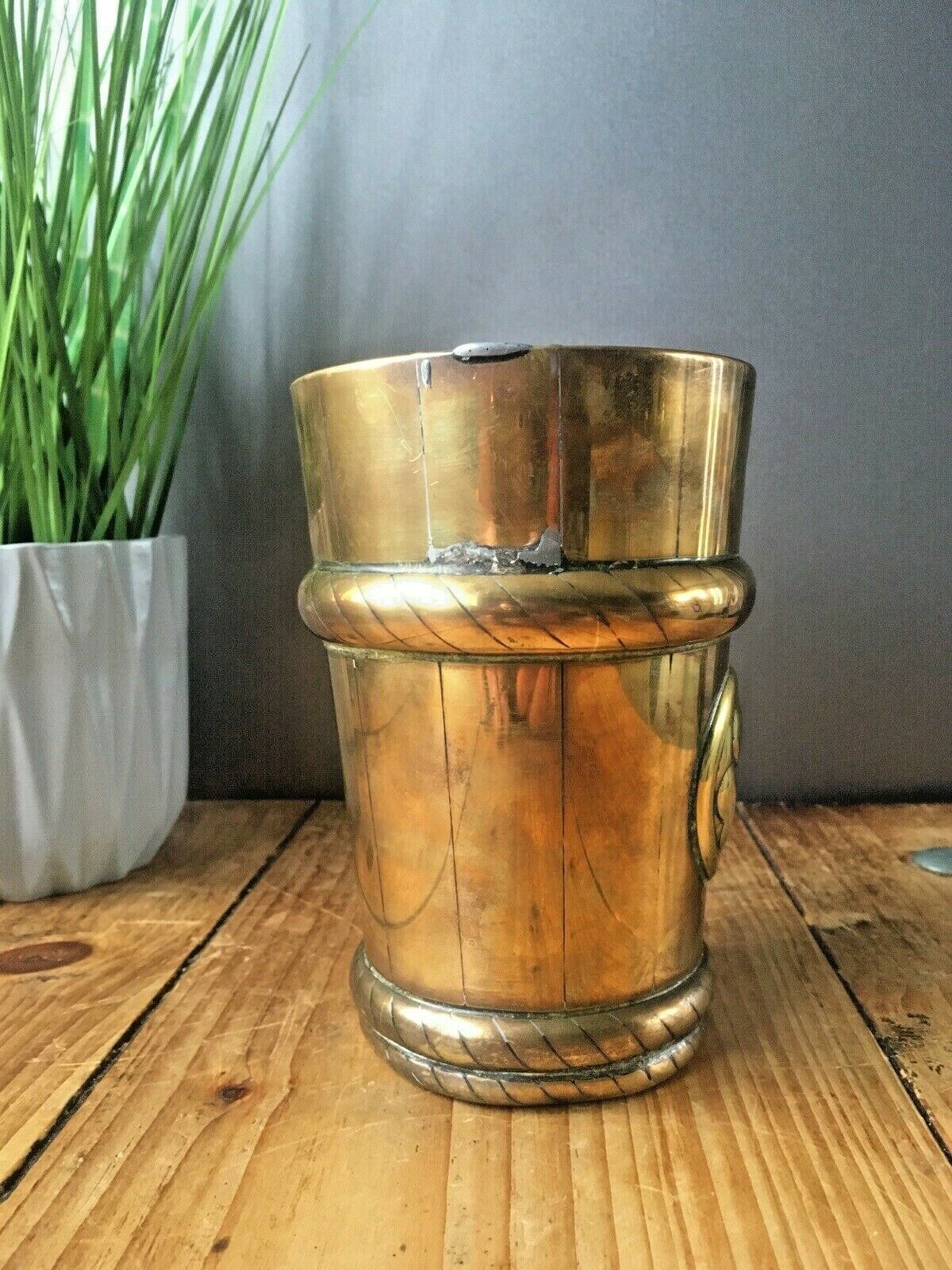 Antique Vintage Brass Beaker Clover Flower Plant Pot Cachepot Barrel Rope Twist photo vintage