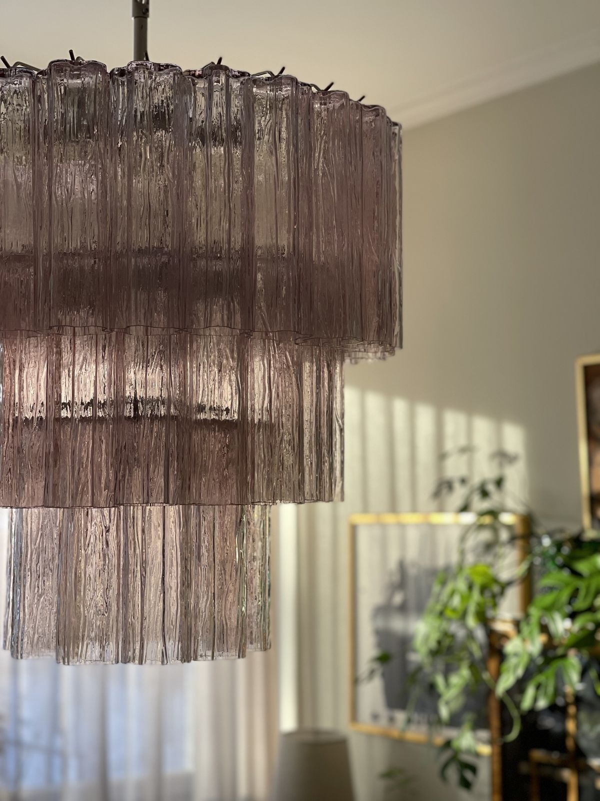photo furniture Pink Glass Murano Chandelier 'Tubular'. Large Size.