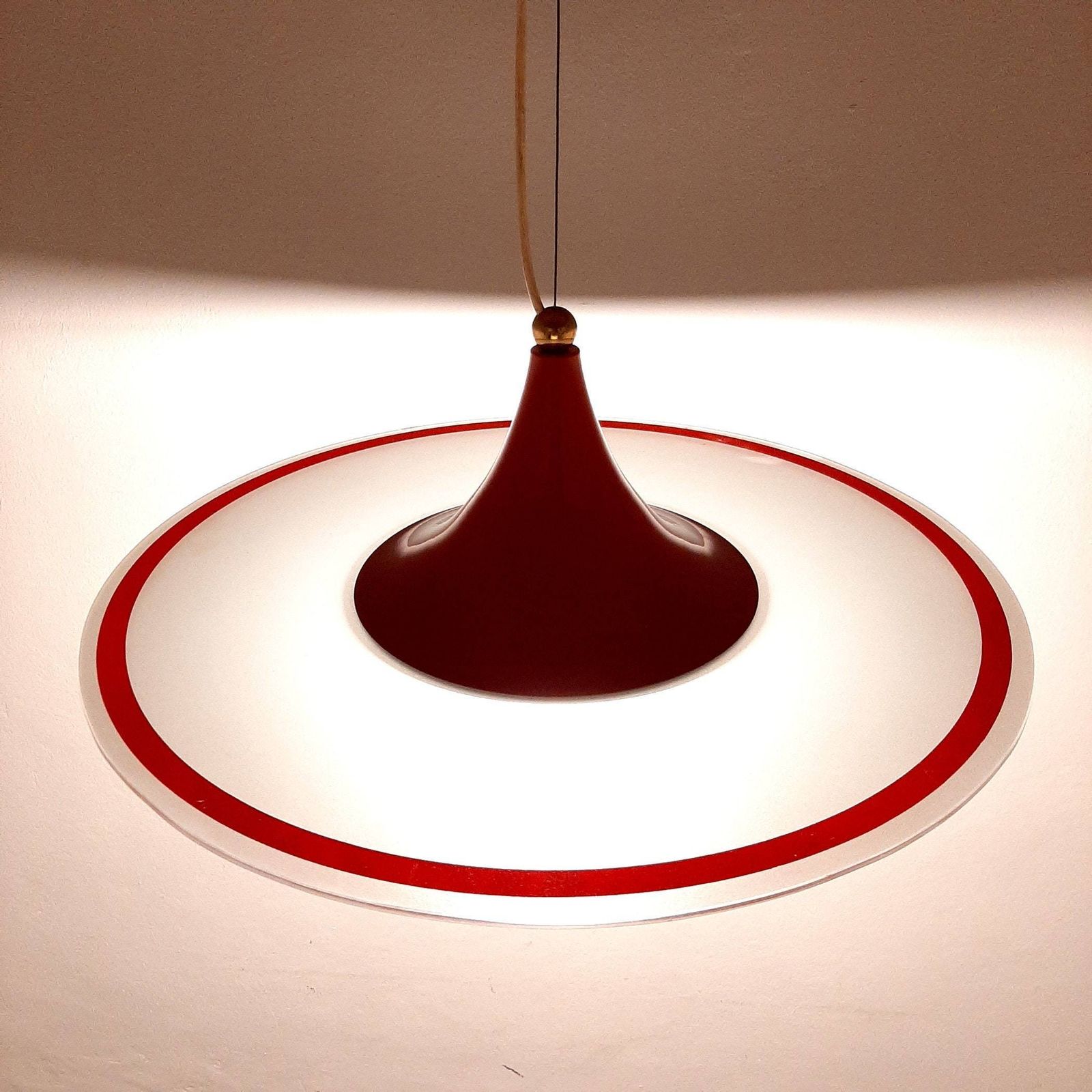 Mid Century Pendant Lamp Italy 60s Red Retro Chandelier Space Age Atomic Vintage Lighting photo for sale