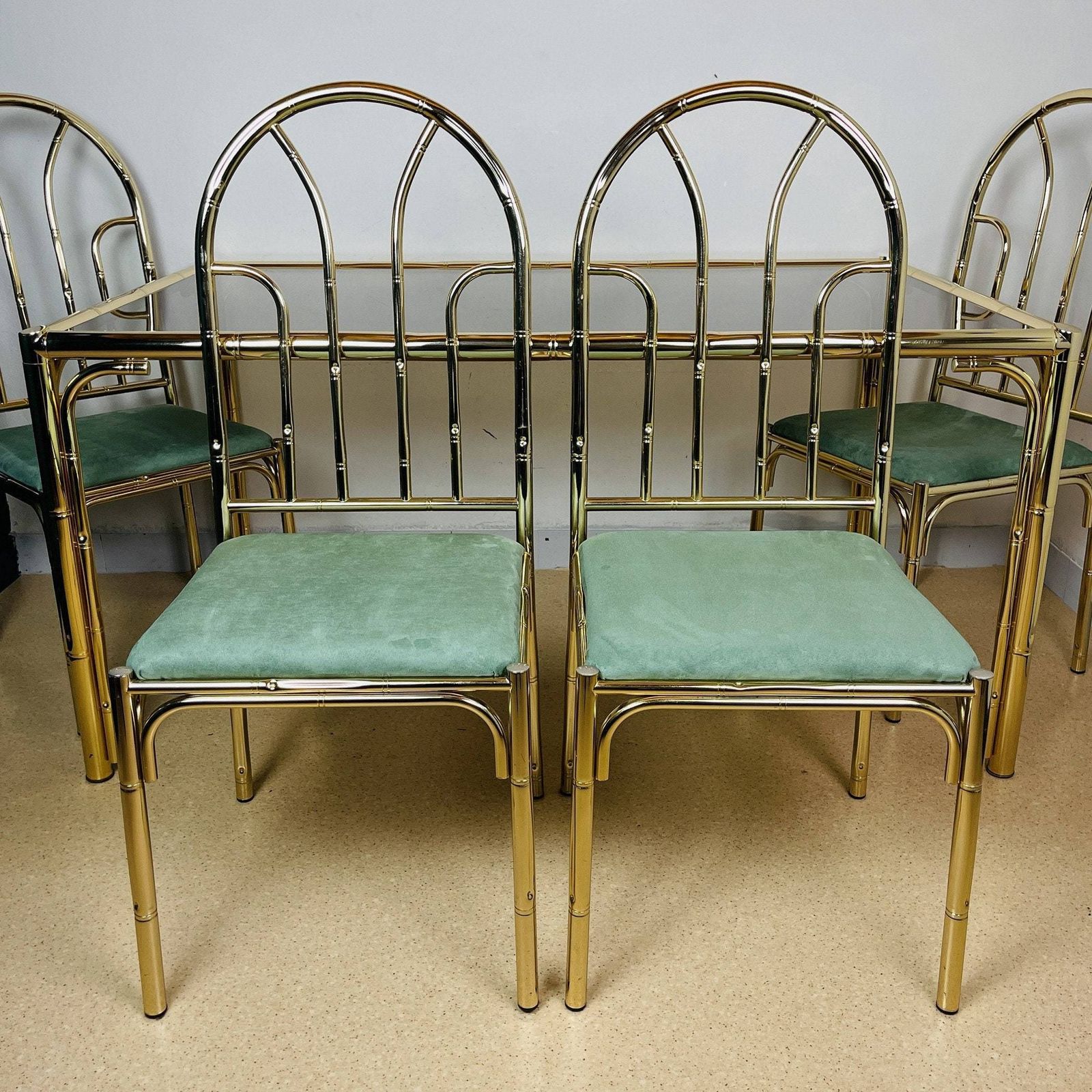 Set Vintage Messing Faux Bamboe Eetstoelen (4 Stuks) Met Bijpassende Tafel, Frankrijk, Jaren 1970, Mid Century Modern, Hollywood Regency photo vinterior