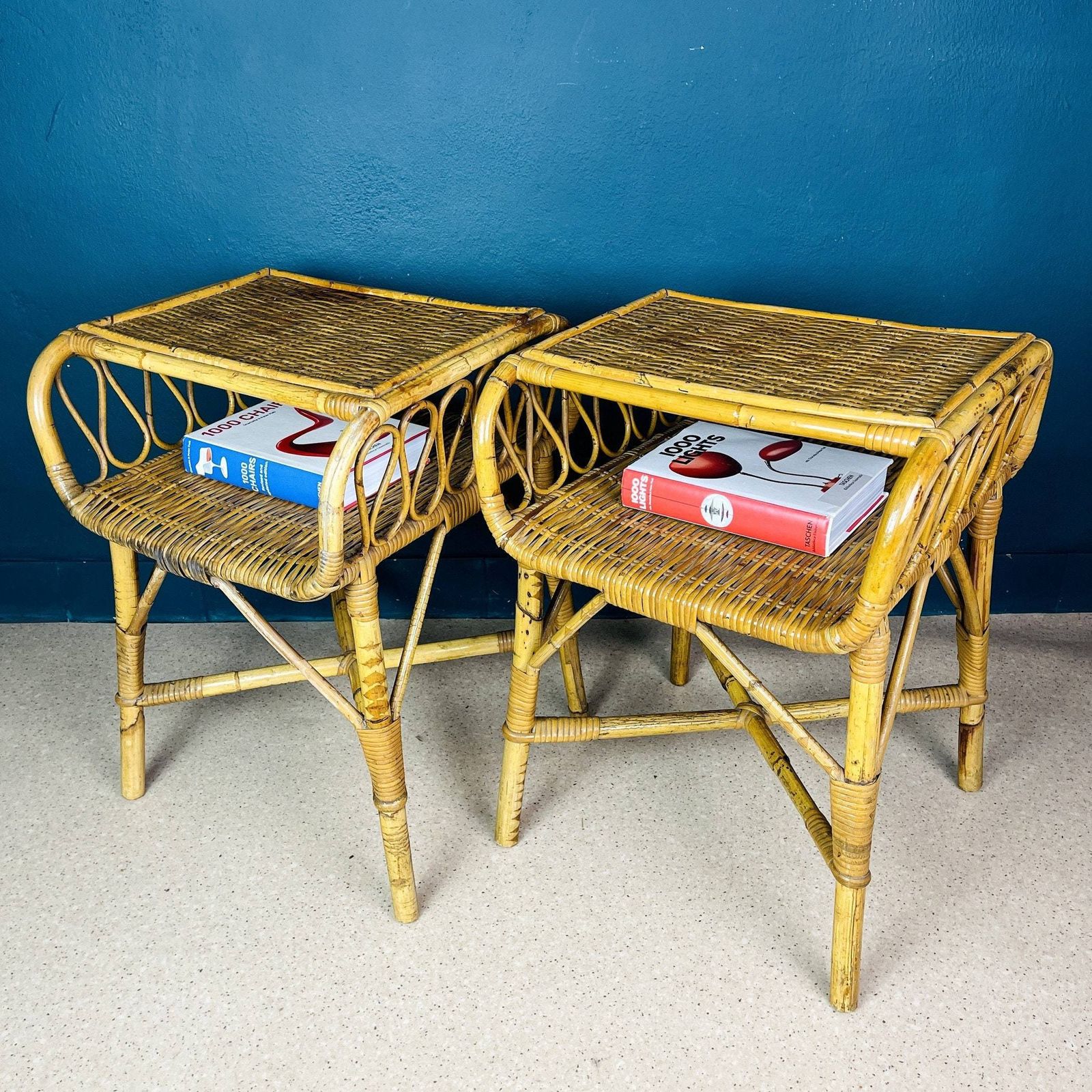 Pair Of Vintage Bamboo Nightstands Bedside Tables Italy 1960s End Table Night Side Furniture Modern Tiki Boho Chic Bohemian Rattan Wicker photo furniture