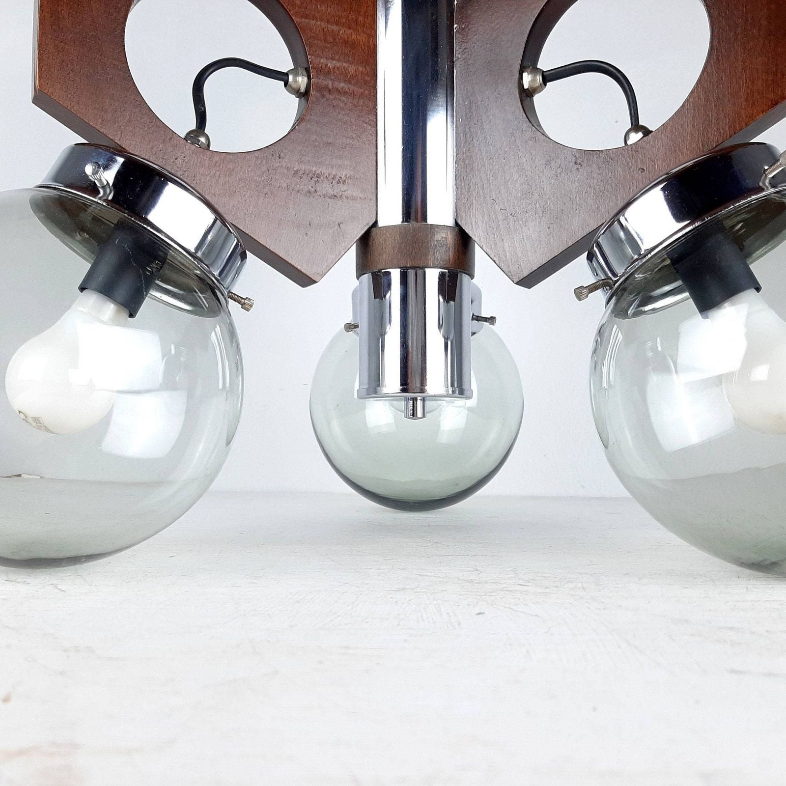 Mid Century Pendant Lamp Yugoslavia 70s Wood Glass Metal Geometric Chandelier Three Bulbs Chandelier Smoky Glass Space Age photo 194.0