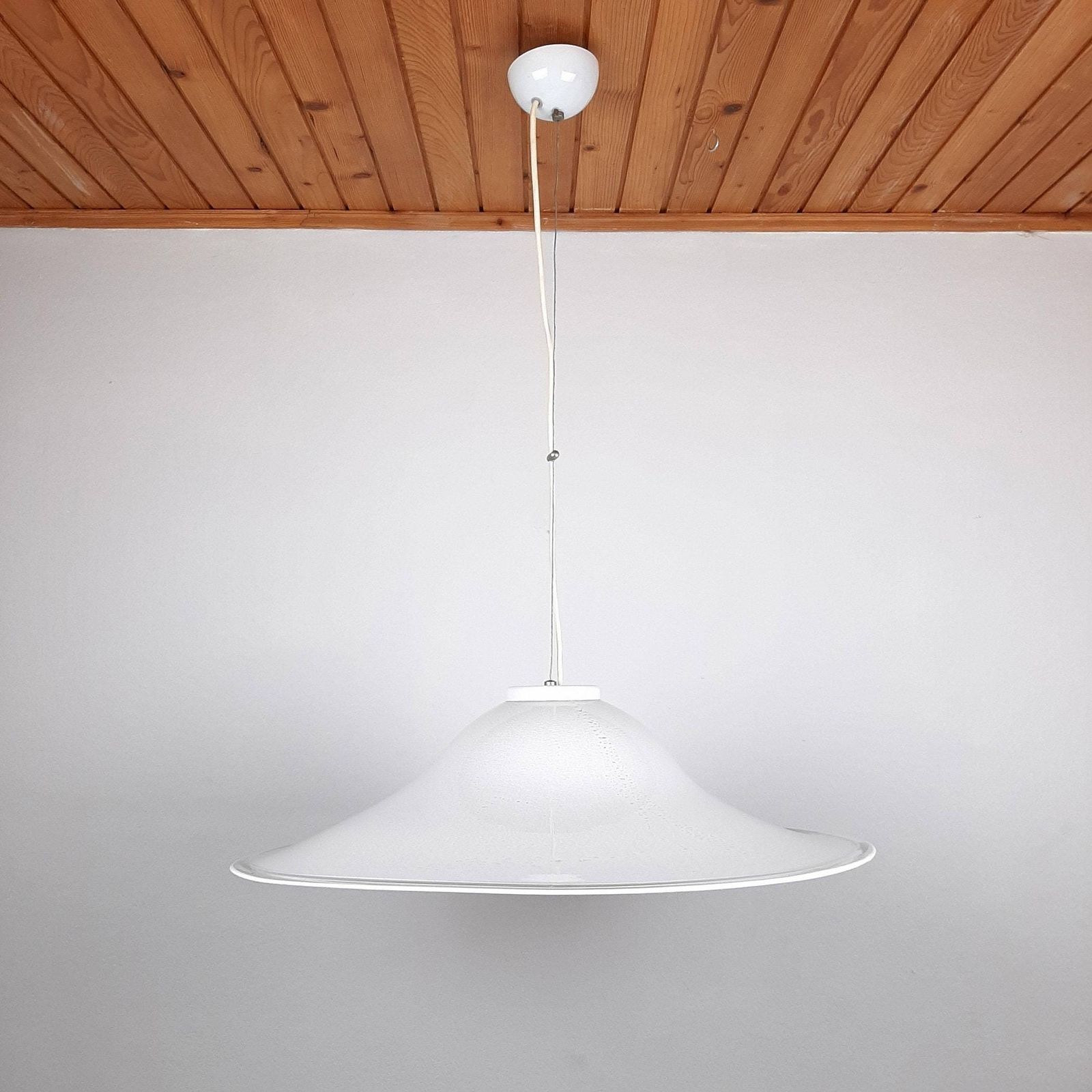 Xl Mid Century White Murano Glass Pendant Lamp Italy 1970s Retro Lighting Space Age photo vinterior
