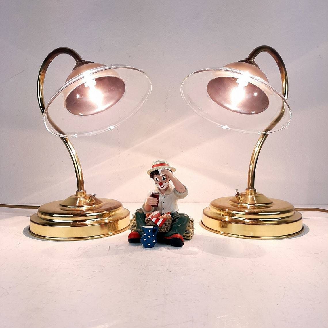 Pair Of Vintage Bedside Lamps Italy 1990s Gold Retro Table Lamp Space Age Mid Century Lighting photo for sale
