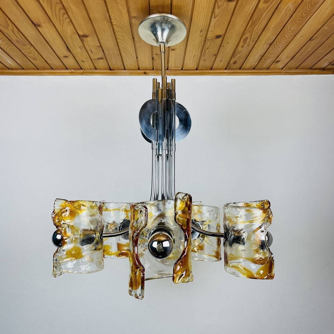 photo for sale Mid Century Amber Murano Chroom Hanglamp Mazzega Door Toni Zuccheri, Italië, Jaren 1970, Space Age Sputnik Atomic Design