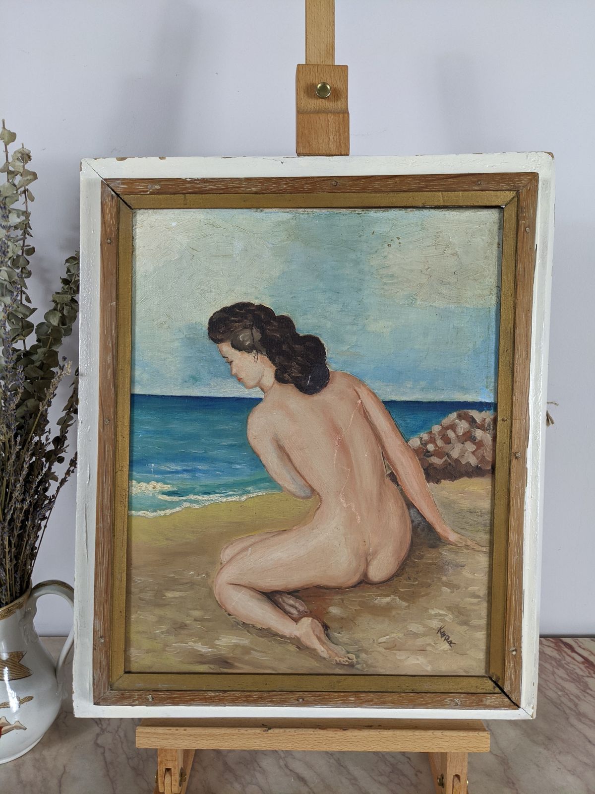 A Charming Vintage French Oil On Canvas   Nude Life Portrait photo furniture