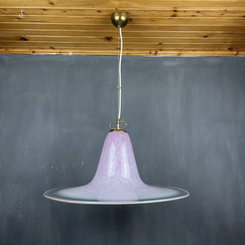 photo for sale Mid Century Pink Murano Glass Pendant Lamp By Veluce Italy 1970s