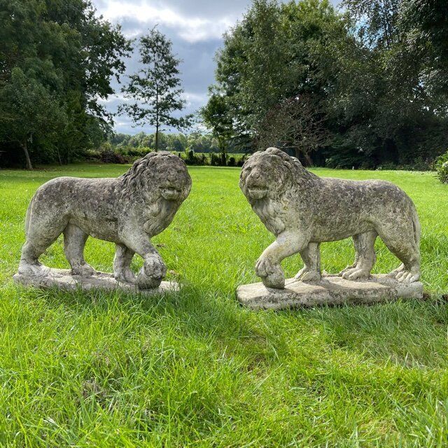 Pair Of English Large Cast Stone Medici Lions Circa 1910