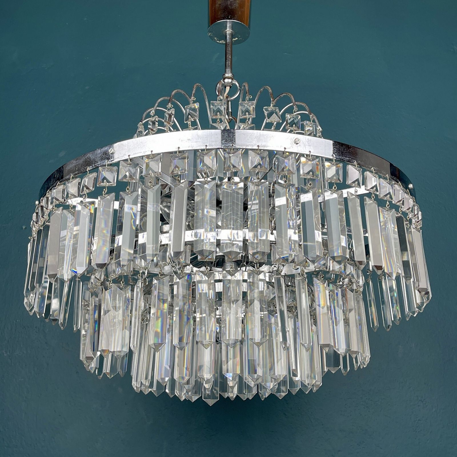 Vintage Large Crystal Chandelier Sijaj Hrastnik Yugoslavia 1970s Mcm Mid Century Lighting Retro Home Decor photo vinterior