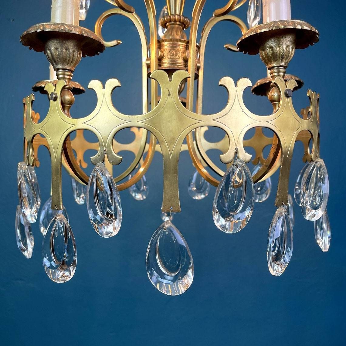 Vintage Chandelier With Crystal Drops Italy 1960s 5 Arms Bronze And Crystal Italian Chandelier photo vinterior