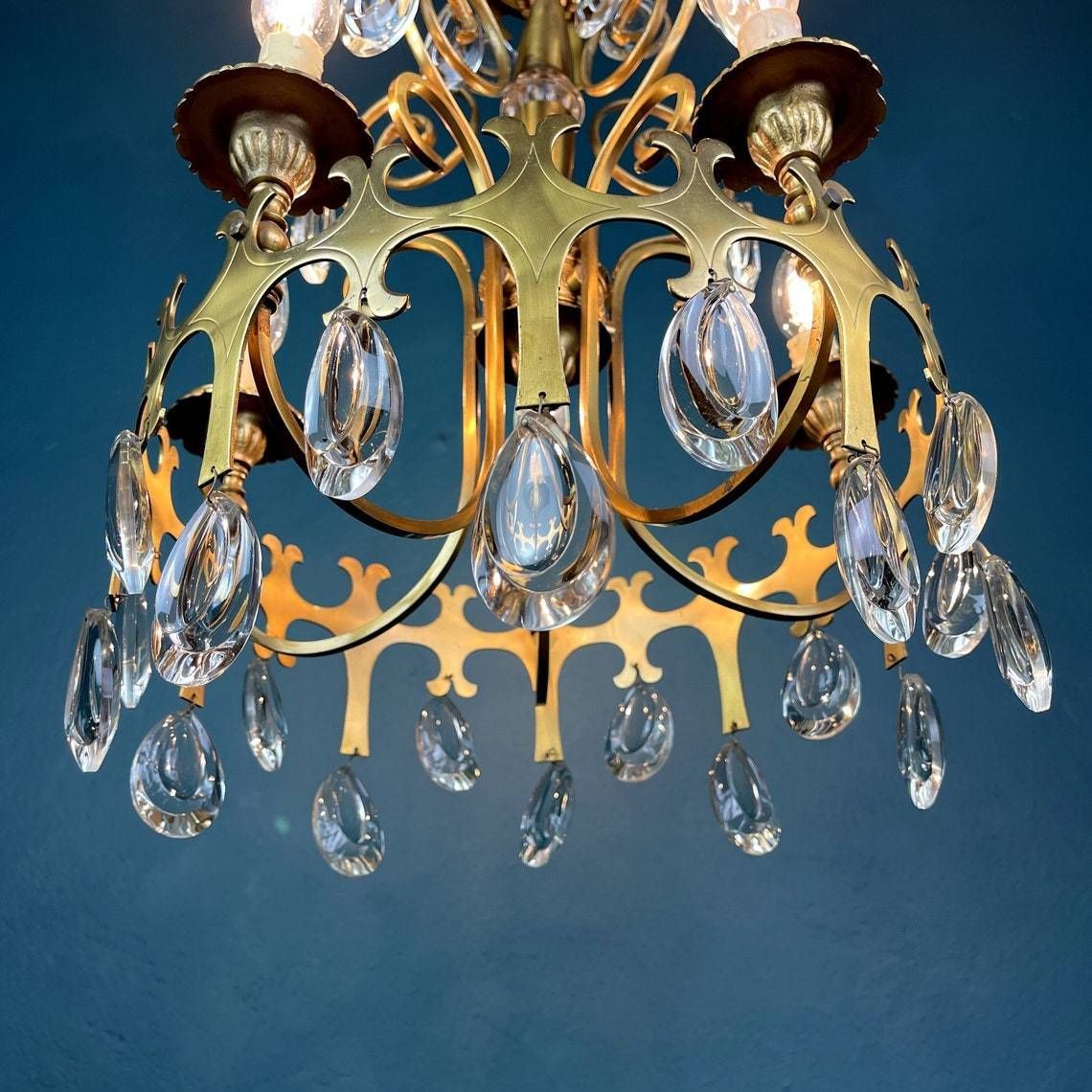 Vintage Chandelier With Crystal Drops Italy 1960s 5 Arms Bronze And Crystal Italian Chandelier photo vintage