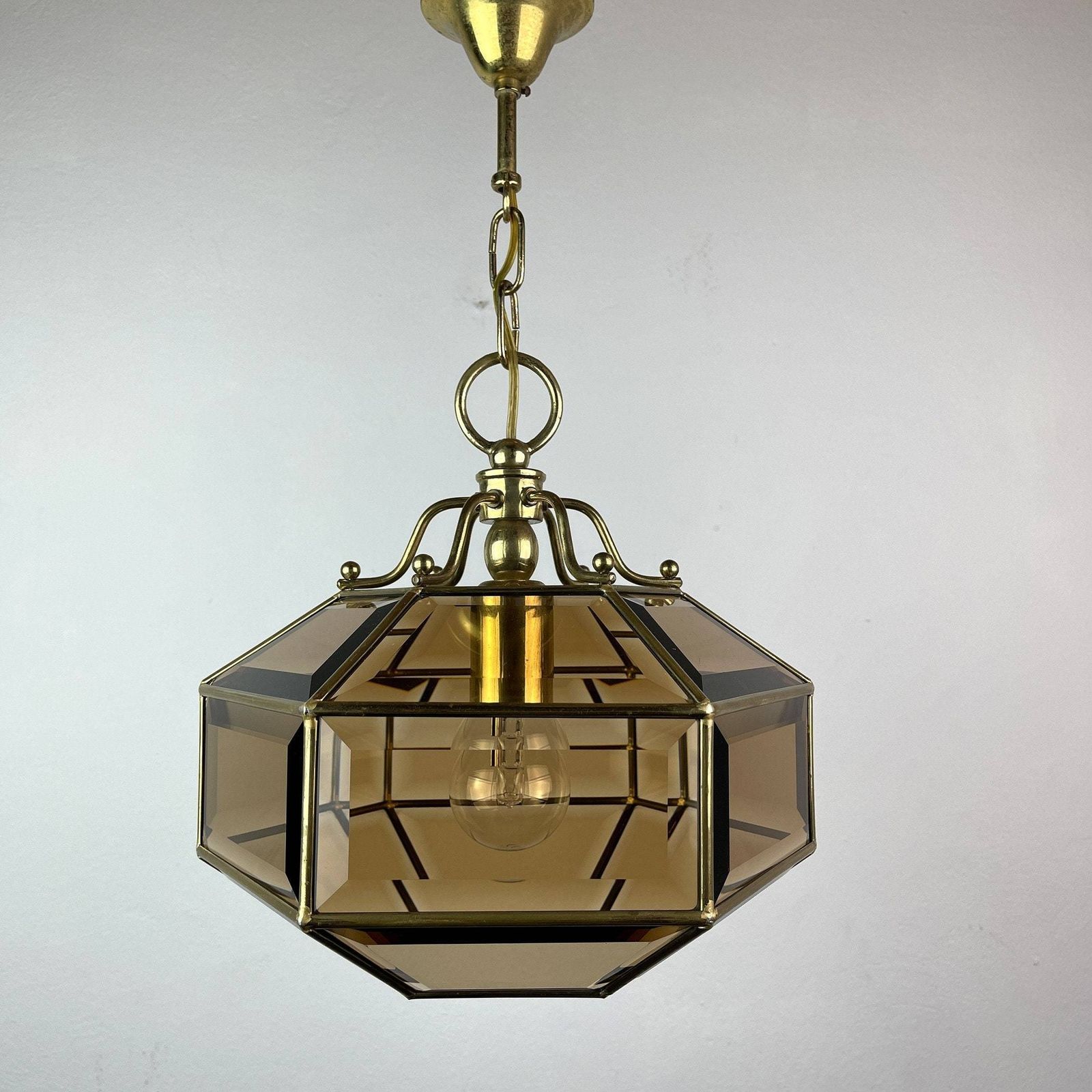 Vintage Diamond Pendant Lamp Italy 1960s Gold Brass Hex Crystal Lamp photo for sale