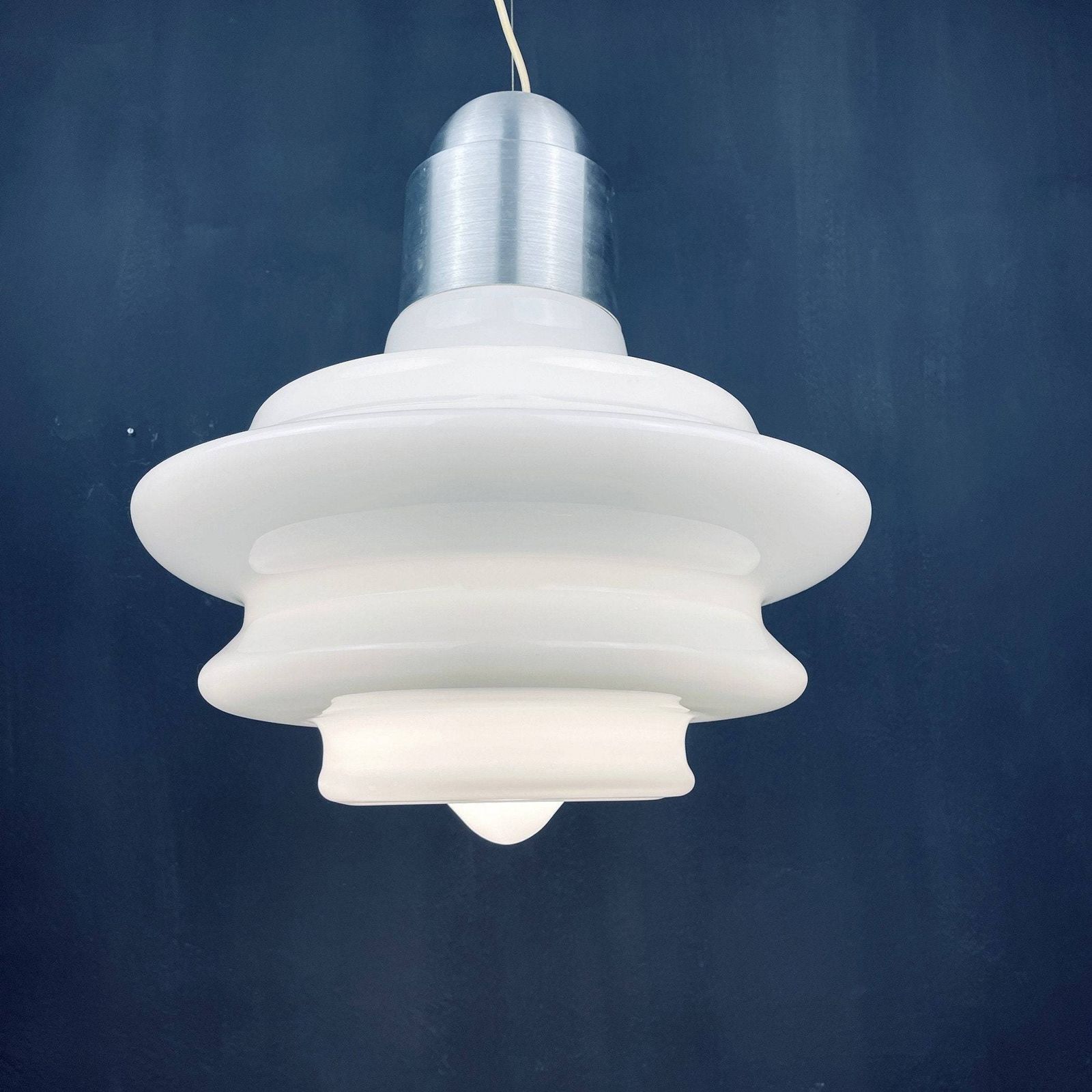 Large Mid Century Opaline White Glass Handing Lamp Italy 1960s Art Deco Italian Modern photo Lighting