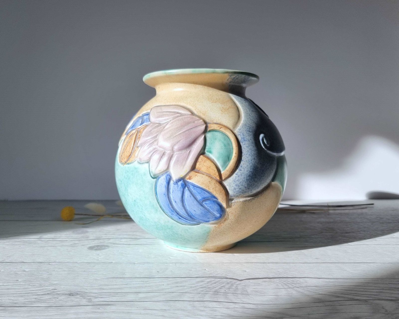 Beswick Pottery, Art Deco Satin Matt Sherbet Palette Glaze Carved Globe Vase, British, 1930 40s