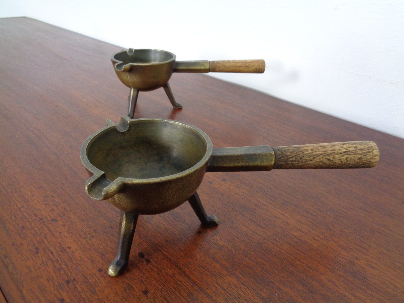 Mid Century Brass & Oak Ashtrays, 1960s, Set Of 2