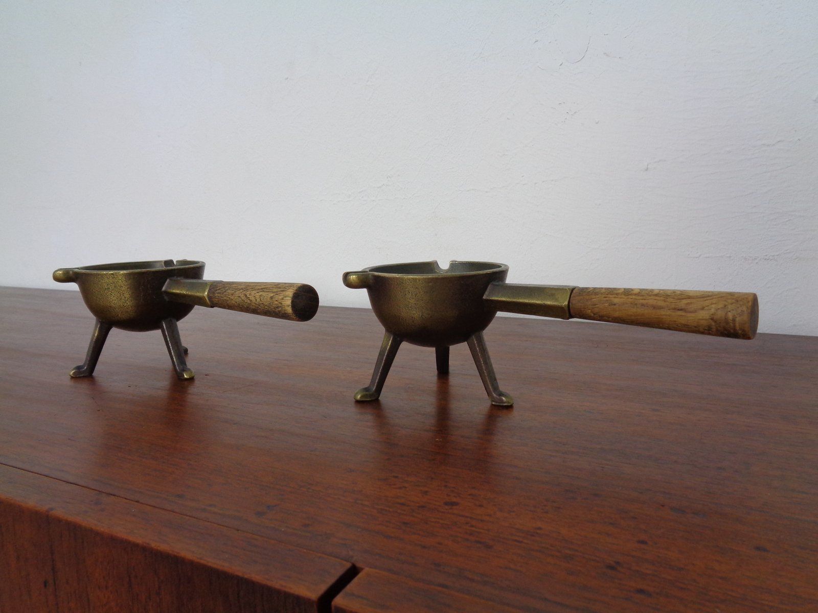 Mid Century Brass & Oak Ashtrays, 1960s, Set Of 2 photo for sale