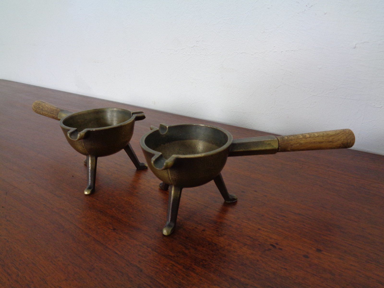 Mid Century Brass & Oak Ashtrays, 1960s, Set Of 2 photo Home Decor