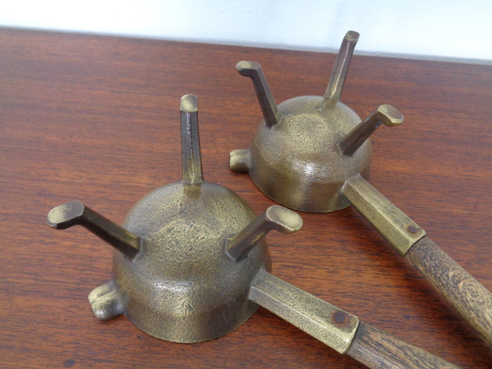 photo furniture Mid Century Brass & Oak Ashtrays, 1960s, Set Of 2