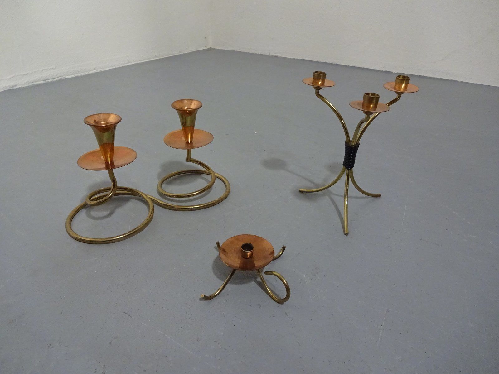 German Filigree Brass And Copper Candleholders 1960s Set Of 3 photo for sale
