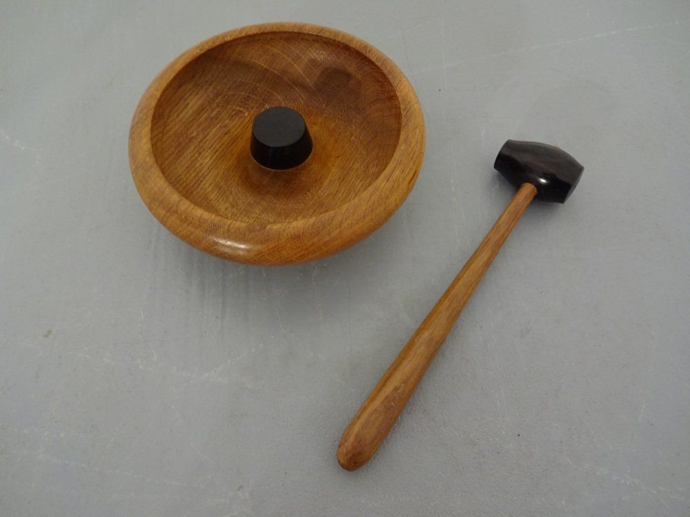 Vintage Danish Oak & Rosewood Nutcracker Bowl & Hammer Set 1960s photo 252.0