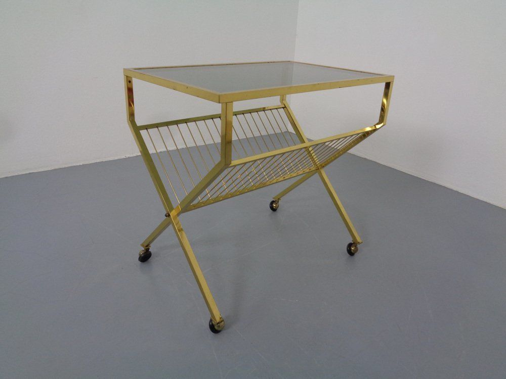 French Brass & Glass Cart With Magazine Rack, 1960s photo for sale