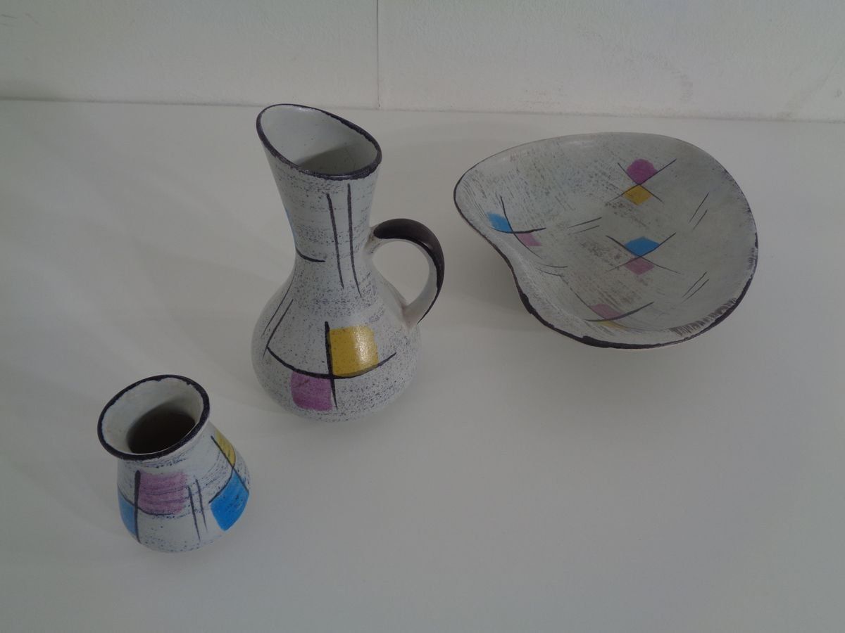 Ceramic Vases & Bowl By Bodo Mans For Bay Keramik, 1950s, Set Of 3